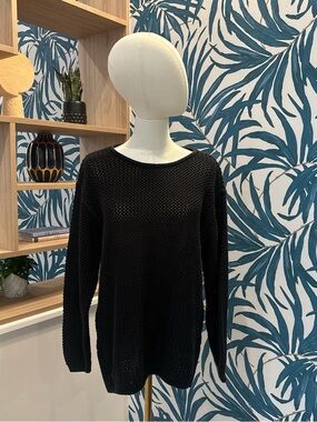 Scoop Neck Black Open-Knit Pullover Sweater